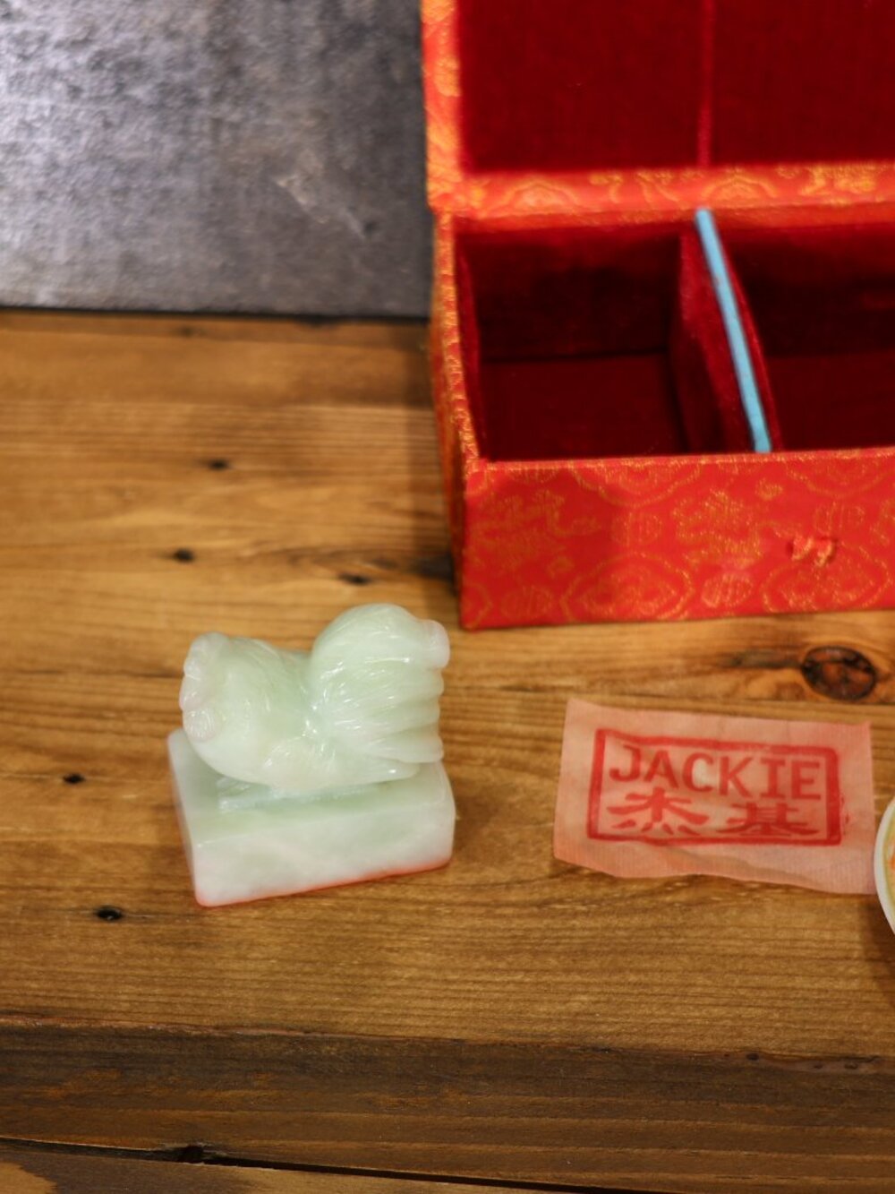 Vintage Chinese Ink and Stamp Set Carved Soapstone Rooster Personalized "JACKIE" - Picture 3 of 6